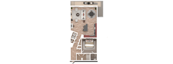 A top-down view of a house layout with a kitchen, living room, dining area, and two bedrooms.