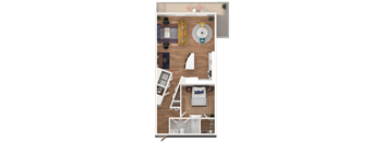 A top-down view of a house layout with a kitchen, living room, and bathroom.