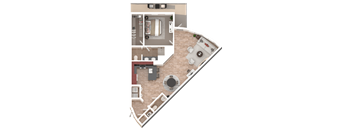 A top-down view of a house layout with a kitchen, living room, and two bedrooms.