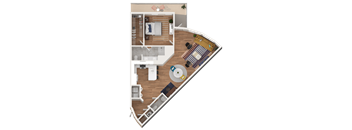 A detailed 3D floor plan of a small apartment.