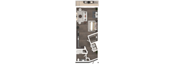 A top-down view of a room with a couch, chairs, a table, and a television.