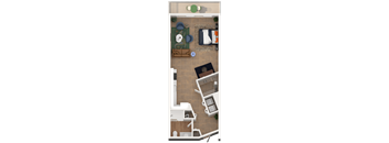 A top-down view of a living room with a couch, coffee table, and a small kitchenette.