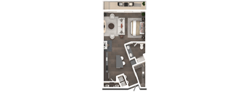 A top-down view of a house layout with a living room, kitchen, and dining area.
