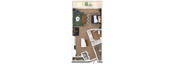 A top-down view of a living room with a dining area and kitchen.