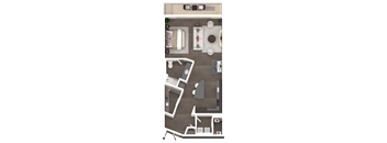 A floor plan of a small apartment with a kitchen, living room, and bathroom.