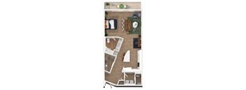 A floor plan of a house with a kitchen, living room, and two bedrooms.