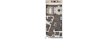 A top-down view of a room with a couch, chairs, a table, and a television.