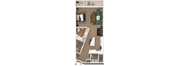 A floor plan of a house with a kitchen, living room, and two bedrooms.
