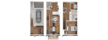 Three different floor plans of a house with a car parked in the first one.