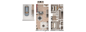 A set of three images showing a car, a top-down view of a room, and a floor plan of a house.