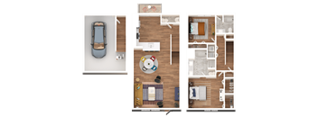 Three images of a room with a car, a bed, and a table.
