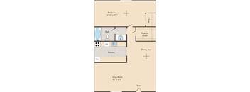 A floor plan of an apartment home with a living area, dining area, kitchen, one bedroom with a walk-in closet and one bathroom.