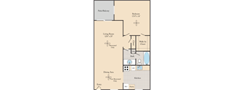 A floor plan of an apartment home with a living area, dining area, kitchen, one bedroom with a walk-in closet and a patio/balcony.