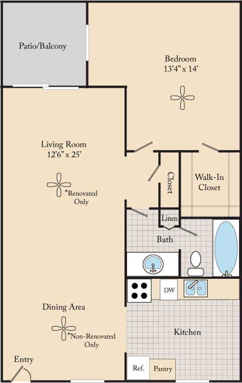 A floor plan of an apartment home with a living area, dining area, kitchen, one bedroom with a walk-in closet and a patio/balcony.