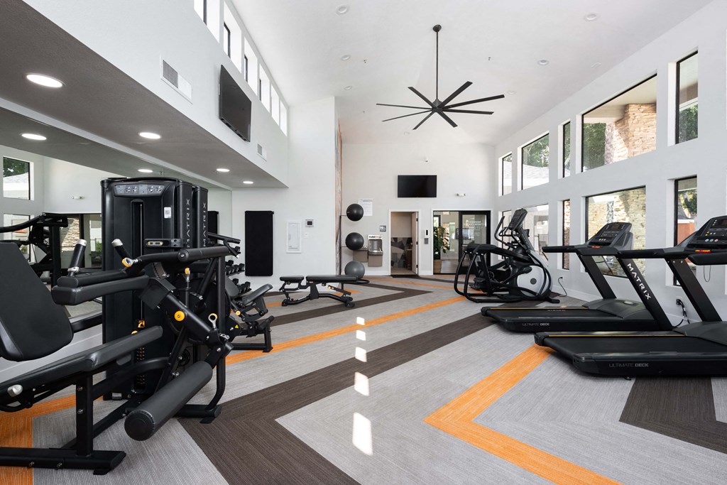 a gym with weights and cardio equipment in a building with tall windows