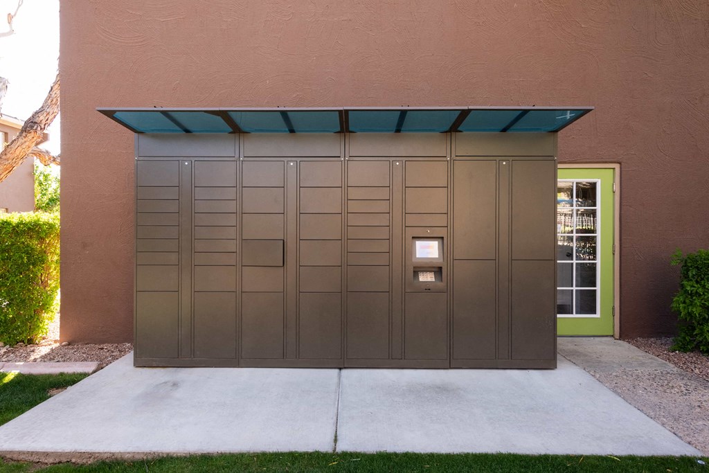 a garage door with a green door light on it