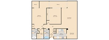 A floor plan of a house with a living room, two bedrooms, a hall, two closets, a bathroom, a dining area, and a walk-in closet.