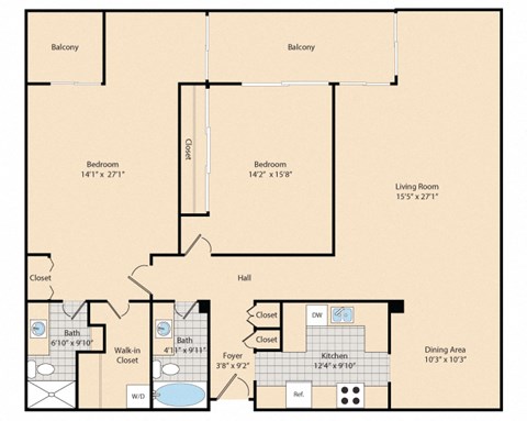 A floor plan of a house with a living room, two bedrooms, a hall, two closets, a bathroom, a dining area, and a walk-in closet.