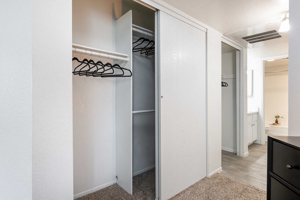 a walk in closet in a bedroom with a mirrored closet door