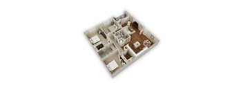 A 3D floor plan of a house with a living room, kitchen, and two bedrooms.