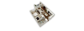 A 3D floor plan of a small apartment with a kitchen, living room, and bathroom.