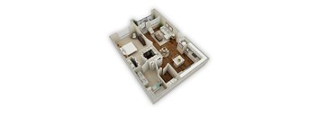 A 3D floor plan of a house with multiple rooms.