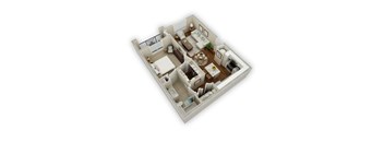 A 3D floor plan of a house with a kitchen, living room, and two bedrooms.