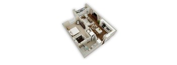 A 3D floor plan of a small apartment with a kitchen, living room, and bathroom.