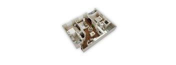 A 3D floor plan of a house with a kitchen, living room, and two bedrooms.