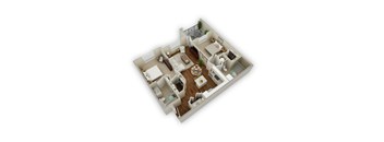 A 3D floor plan of a house with a living room, kitchen, and two bedrooms.