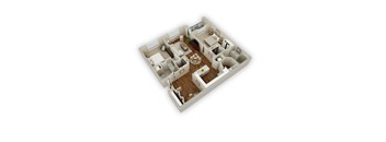 A 3D floor plan of a house with a kitchen, living room, and two bedrooms.