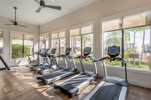 A gym with treadmills and a ceiling fan.