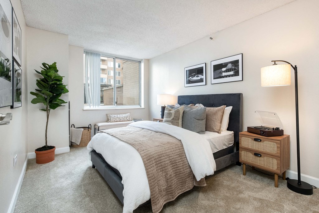 our apartments offer a bedroom with a large bed and a window