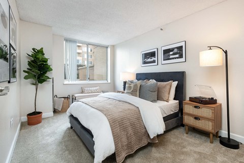 our apartments offer a bedroom with a large bed and a window