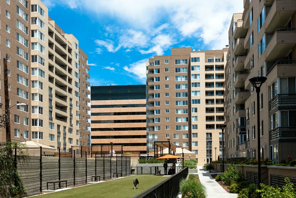a view of a courtyard between two tall buildings and a park