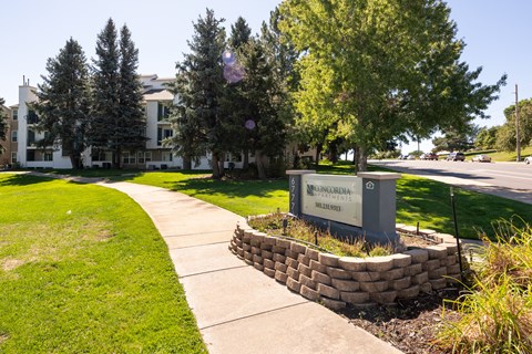 a sidewalk in front of a building with trees and grass