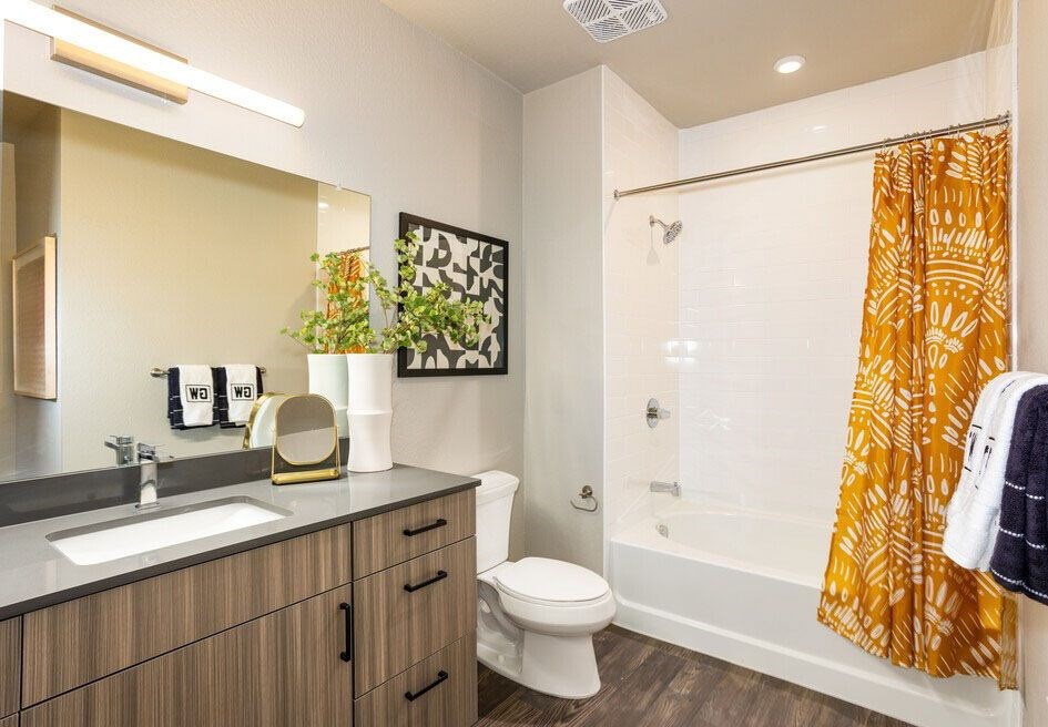 Bathroom with vanity and a shower with a bathtub