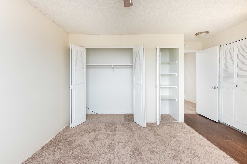 a bedroom with white closets and a carpeted floor