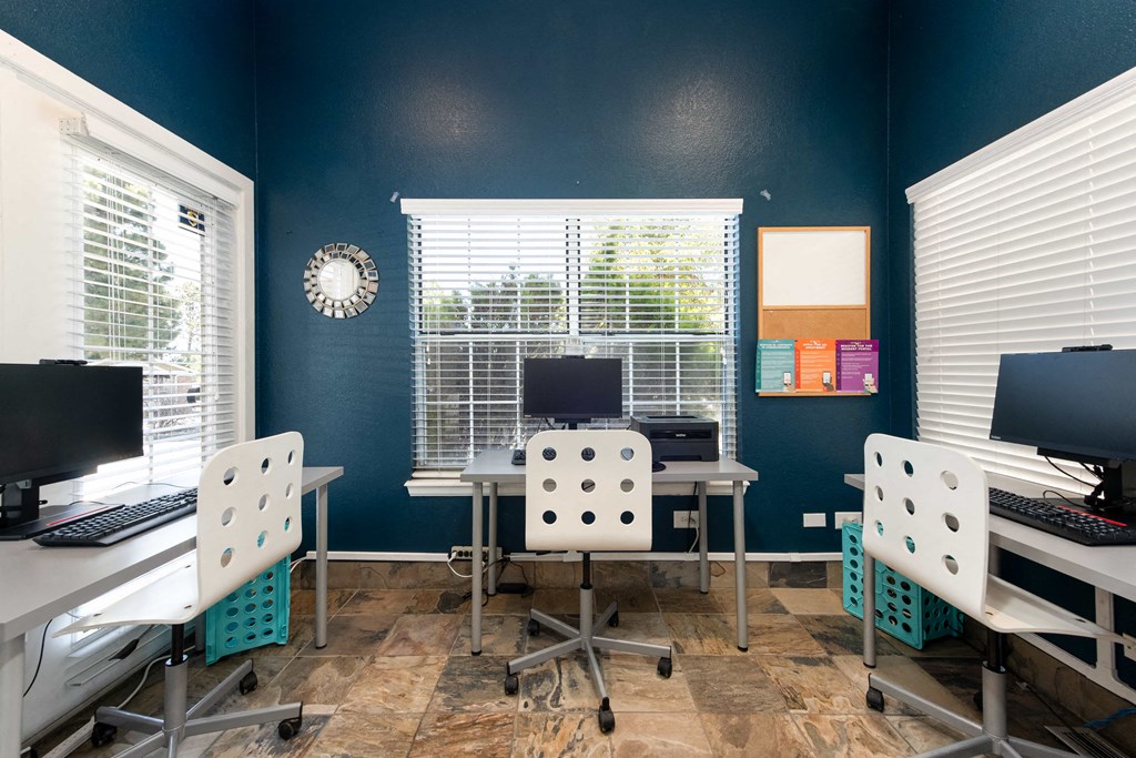 a computer room with desks and chairs and a computer monitor