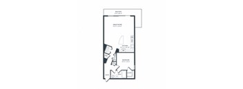a floor plan of a studio apartment with a bedroom and a living room