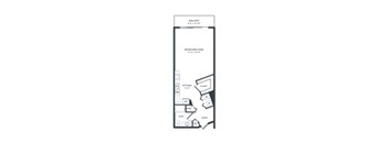 A floor plan of a balcony, bedroom, living room, kitchen, and bathroom.