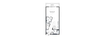 A floor plan of a balcony, bedroom, bath, closet, and kitchen.