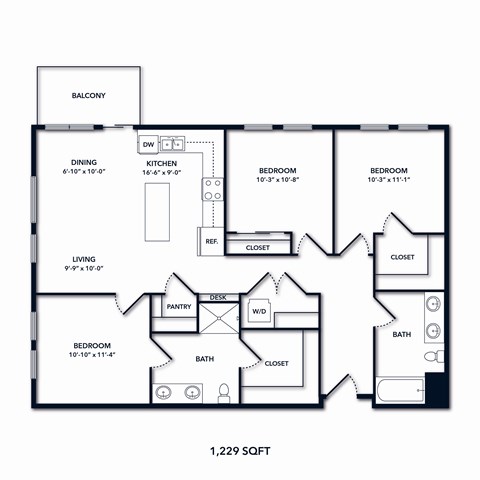 A black and white image of a floor plan for a 1,229 square foot home.