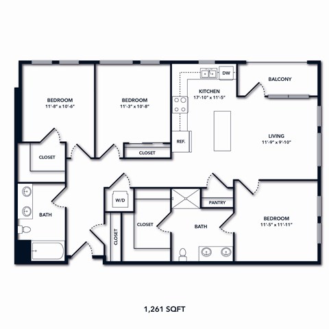 A floor plan of a 1,261 square foot home.