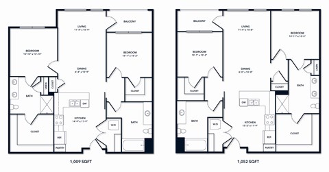 A floor plan of a two bedroom apartment with 1,009 square feet and another with 1,052 square feet.