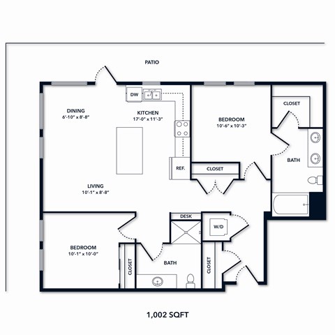 A floor plan of a 1,002 square foot home.