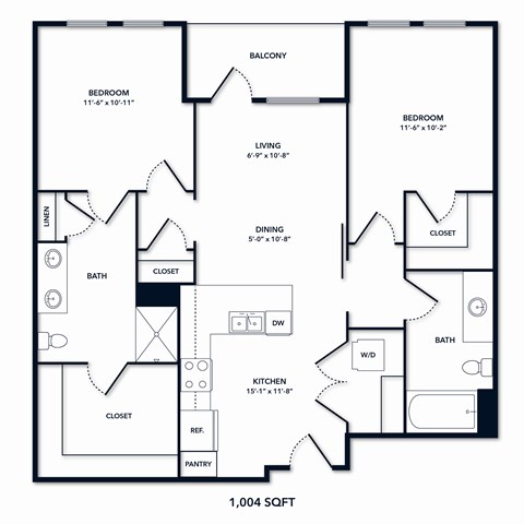 A floor plan of a 1,004 square foot home.