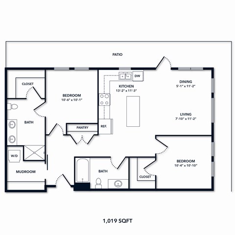 A floor plan of a 1,019 square foot home.