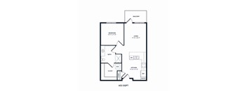 A floor plan of a 653 square foot home.