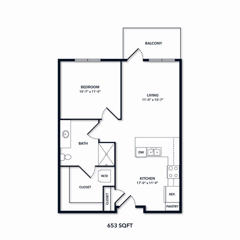 A floor plan of a 653 square foot home.